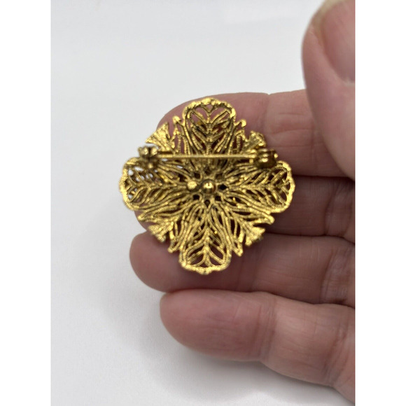 Vintage Filigree Rhinestone Brooch Bronze Purple J1-3012 - Picture 7 of 8